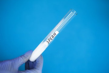 Obraz premium Health. Sample sperm. Donor Sperm. Close up Concept of Bank Sperm. Copyspace. Test Tube with Sperm