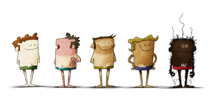 types of skin under the effects of the sun. five people with different skin color. Funny illustration about the importance of sun protection. isolated