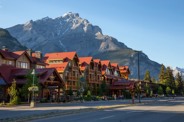 Banff, Alberta, Canada - June 17, 2018: Beautiful view of Banff City during a vibrant summer day. - obrazy, fototapety, plakaty