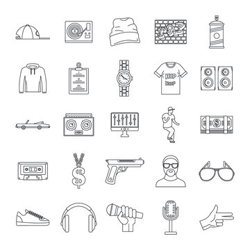 Hiphop rap swag music dance icons set. Outline illustration of 16 hiphop rap swag music dance vector icons for web