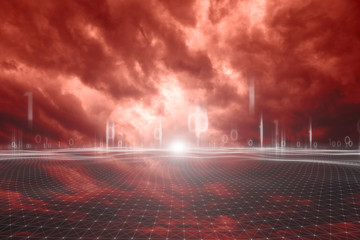 Dark red colored stormy cloudscape with digital computer network net background.