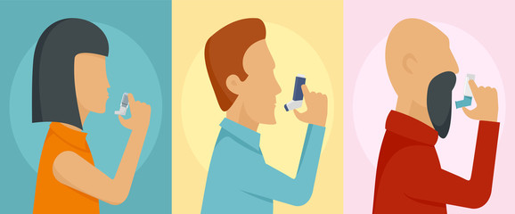 Inhaler breather deep breath health care asthma banner concept set. Flat illustration of 3 inhaler breather deep breath health care asthma vector banner concepts for web - obrazy, fototapety, plakaty