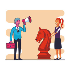 Businessman with bullhorn and briefcase and businesswoman with chess piece vector illustration graphic design