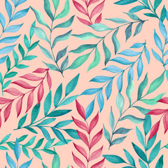 Seamless pattern with tropical leaves. Watercolor hand drawn