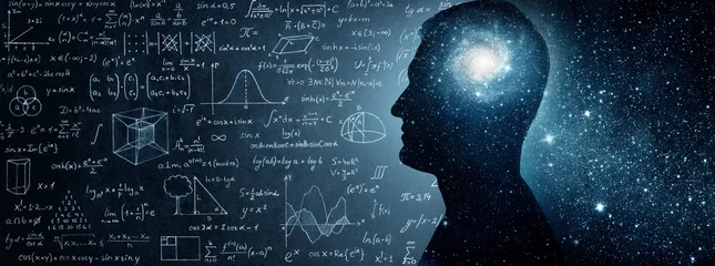 Fotobehang The universe within. Silhouette of a man inside the universe, physical and mathematical formulas.. The concept on scientific and philosophical topics.  Elements of this image furnished by NASA. © Tryfonov