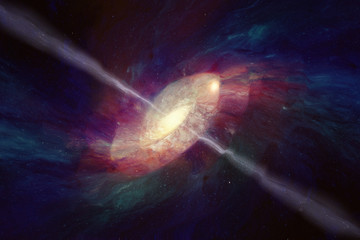 Spacetime warping concept, black hole absorbs spiral galaxy in deep space