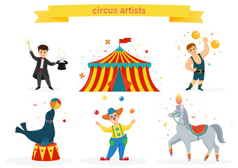 A set of colored circus artists. Circus performers perform tricks.Flat cartoon style. Vector illustration