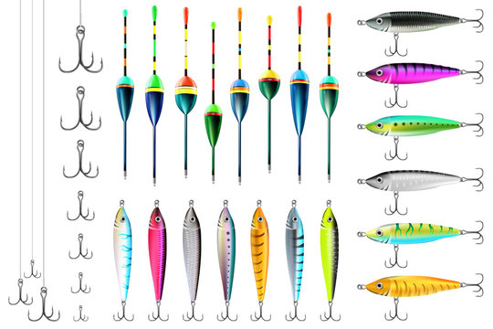 Fishing lures, floats, hooks set. Vector collection for catching salmon, catfish, tuna, pike, perch, marlin, bass, trout or tarpon. Underwater wobblers for fisherman.
