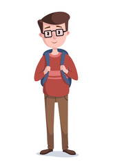 Shy school boy is wearing glasses. Vector illustration.