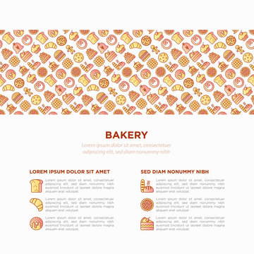 Bakery concept with thin line icons: toast bread, pancakes, flour, croissant, donut, pretzel, cookies, gingerbread man, cupcake, burger, apple pie, pizza. Vector illustration, print media template.