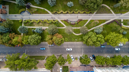 Aerial Drone Flight top down View of freeway busy city rush hour heavy traffic jam highway.  Aerial...
