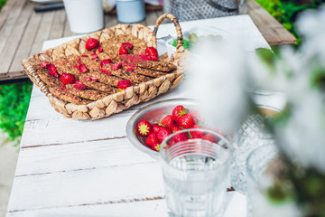 Fototapeta na wymiar healthy homemade strawberries biscuits from oat flakes laid