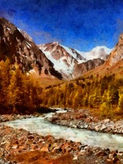 Fototapeta na wymiar Hand drawing watercolor art on canvas. Artistic big print. Original modern painting. Acrylic dry brush background.Fantastic landscape of wild mountain nature. Infinite spaces of freedom and freshness 