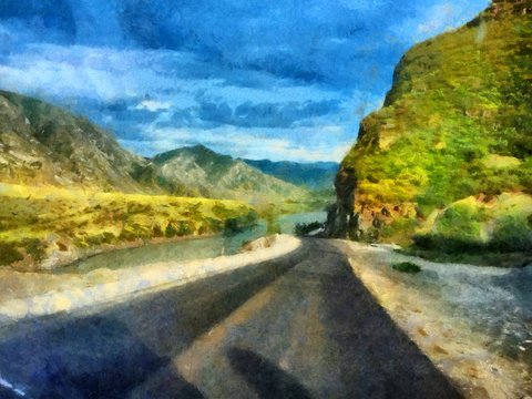 Hand drawing watercolor art on canvas. Artistic big print. Original modern painting. Acrylic dry brush background.Beauty road view. Summer Landscape. Road leading to an unknown mountain range. 