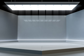 Modern white empty stage event with light Futuristic background. Future technology Sci-fi hi tech concept. 3d rendering