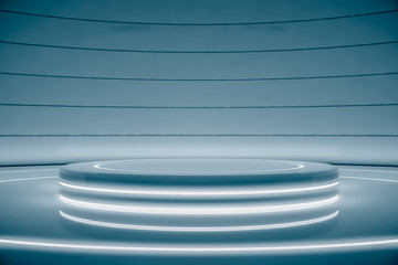 Futuristic round pedestal or platform for display. Blank product poduim or stand. Future empty stage with glow light. Future background for design technology Sci-fi interior concept. 3d rendering