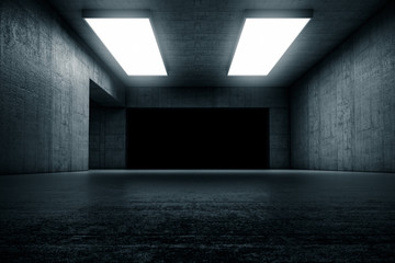 Empty dark abstract concrete room with the gate. Interior concept background. 3d illustration