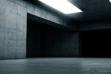 Empty dark abstract concrete room with the gate. Interior concept background. 3d illustration