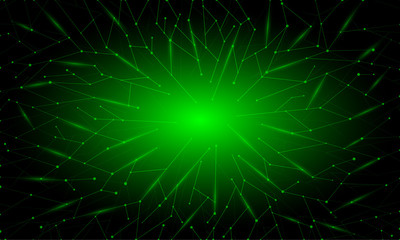 Abstract green neon polygonal background with triangles, lines and dots for banner, site, lending and social network covers.