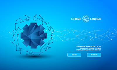 Technology Landing Page Template. Polygonal banner with a low poly gear on a blue background.