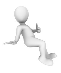 3d man shows thumbs up gesture and sit