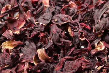 Dry leaves of hibiscus flowers close-up. Hibiscus tea. Directly above