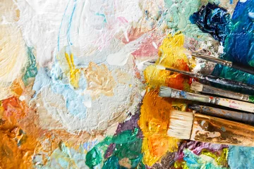 Fotobehang Schilderij Oil paint and paint brush on a palette, abstract art texture, colorful, modern artwork strokes of paint, brushstrokes, modern art, contemporary, artistic  © proimagecontent