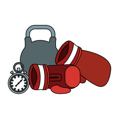 Boxing gloves with kettlebells and timer vector illustration graphic design