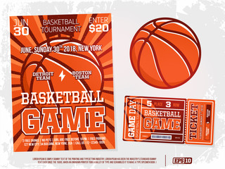 modern professional sports design poster and ticket and ball for basketball tournament