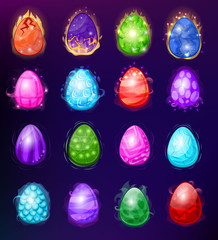 Dragon eggs vector cartoon egg-shell and colorful egg-shaped easter symbol illustration set of fantasy dinosaur egghead isolated on background