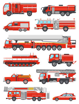Fire engine vector firefighting emergency vehicle or red firetruck with firehose and ladder illustration set of firefighters car or fire-engine transport isolated on white background