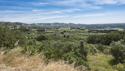 View from the fortress Les Baux-de-Provence into the valley on olive groves in the background the Alpilles. Bouches du Rhone, Provence, France, Europe.