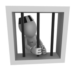 The prisoner in a striped cap behind a lattice. 3d rendered illustration with small people.