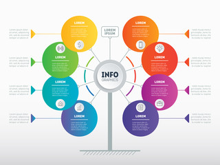 Obraz premium Website template. Business presentation concept with 8 options. Template of service tree, info chart or diagram. Vector infographic of technology or education process with 8 steps.