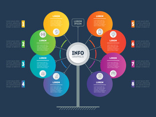 Business presentation concept with 8 options. Template of service tree, info chart or diagram. Vector infographic of technology or education process with 8 steps. Website template.
