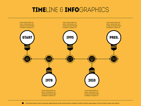 Time line infographic with icons and buttoms. Vector timeline with bulb lamps.