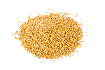 Heap of raw, unprocessed mustard seed kernels on white