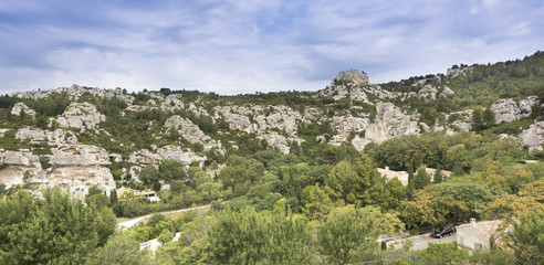 Fototapeta na wymiar Les Baux-de-Provence, view from the castle ruins on the Alpilles. Bouches du Rhone, Provence, France, Europe.