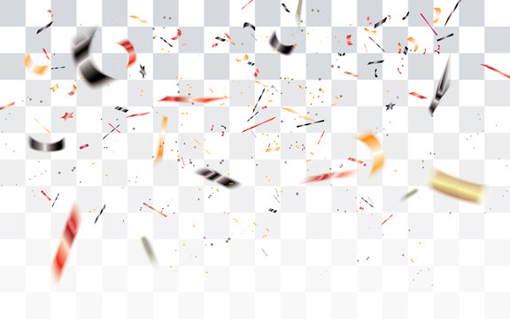 Realistic Falling Bokeh Black,red And Orange Confetti Isolated On Transparent Checkered Background.Confetti In The National Colors Of Germany.Vector Illustration.