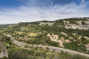 Fototapeta na wymiar Les Baux-de-Provence, view from the castle ruins on the Alpilles. Bouches du Rhone, Provence, France, Europe.