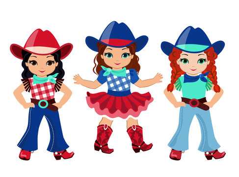 Three girl-friends in a cowboy costume in a red-and-blue color scheme.
