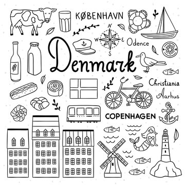 Denmark icons and objects illustrations. Hand drawn Denmark and Copenhagen symbols outline drawings