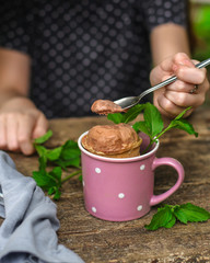 chocolate ice cream in a waffle cup  (ready-made dessert). food background