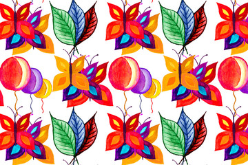 Watercolor hand painted butterflies, balloons and colorful leaves set as a beautiful pattern