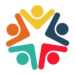 five people in a circle holding hands.The summit workers are meeting in the same power room.