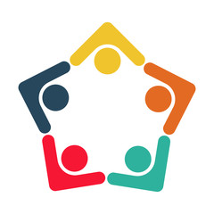 five people in a circle holding hands.The summit workers are meeting in the same power room.