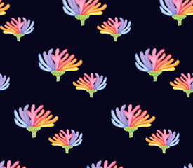  Watercolor hand painted coral pattern on dark blue background