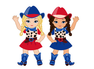Two girl-friends in a cowboy costume in a red-and-blue color scheme.