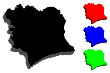 3D map of Ivory Coast (Republic of Côte d'Ivoire) - black, red, blue and green - vector illustration