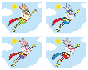Rabbit Super Hero Cartoon Mascot Character Set 2. Vector Collection Isolated On White Background